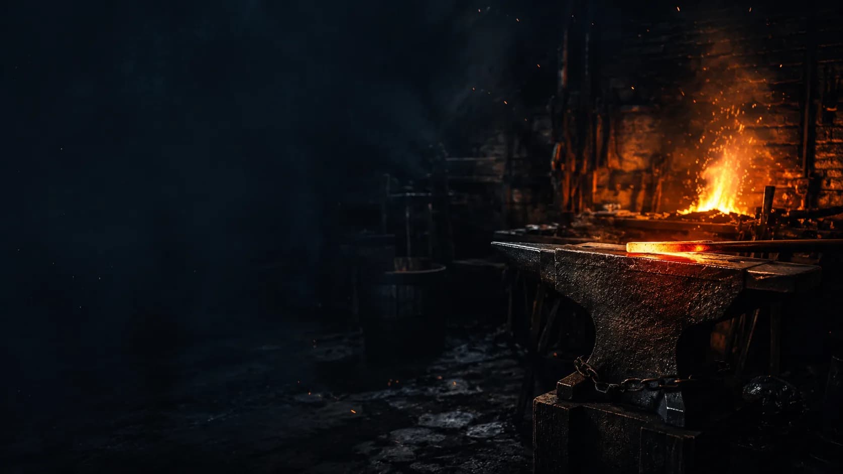 A blacksmith's anvil and glowing forge fire in a dark workshop