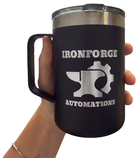 Black insulated IronForge Automations mug